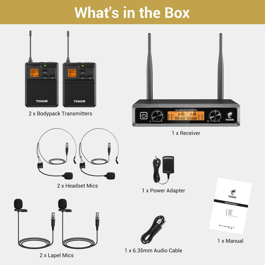 TONOR TW822 UHF Wireless Microphones System with Headset/Lavalier Lapel Mics, Bodypack Transmitter, Receiver