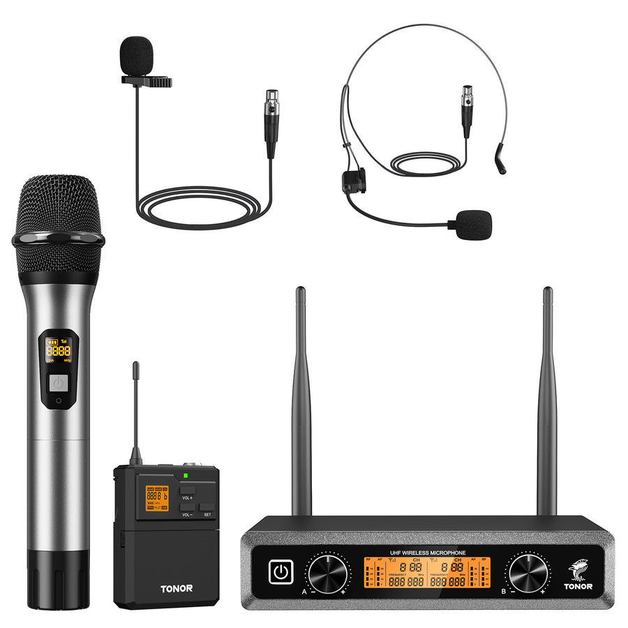 TONOR TW821 UHF Wireless Microphones System with Metal Cordless Handheld/Headset/Lavalier Lapel Mics, Bodypack Transmitter, Receiver