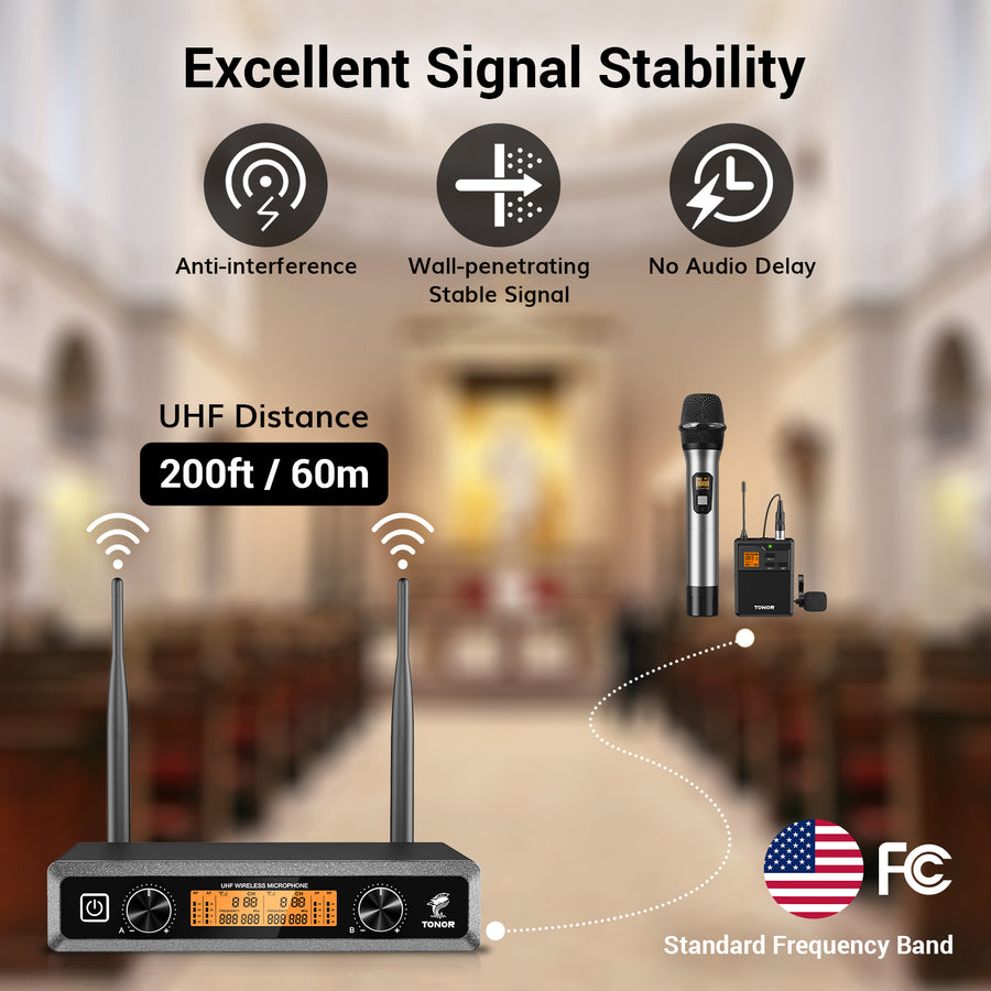 TONOR TW821 UHF Wireless Microphones System with Metal Cordless Handheld/Headset/Lavalier Lapel Mics, Bodypack Transmitter, Receiver