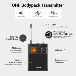TONOR TW821 UHF Wireless Microphones System with Metal Cordless Handheld/Headset/Lavalier Lapel Mics, Bodypack Transmitter, Receiver