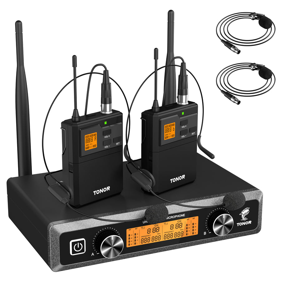 TONOR TW822 UHF Wireless Microphones System with Headset/Lavalier Lapel Mics, Bodypack Transmitter, Receiver