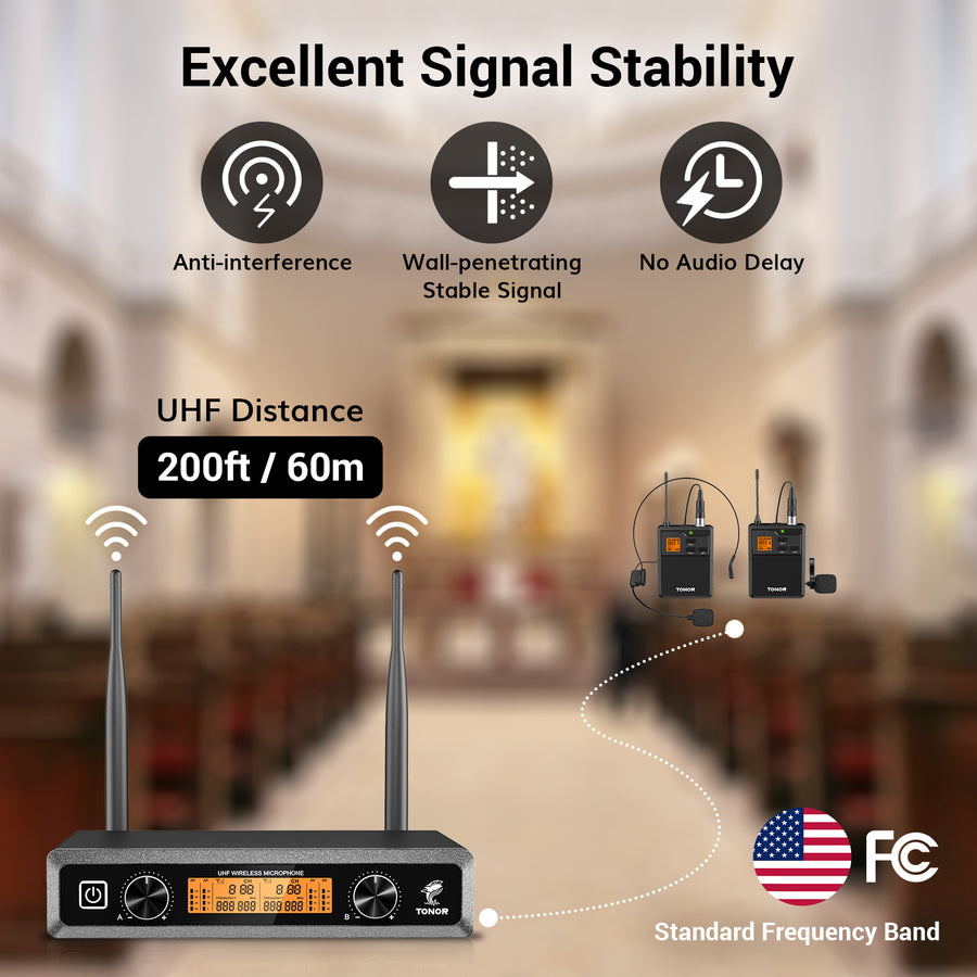 TONOR TW822 UHF Wireless Microphones System with Headset/Lavalier Lapel Mics, Bodypack Transmitter, Receiver