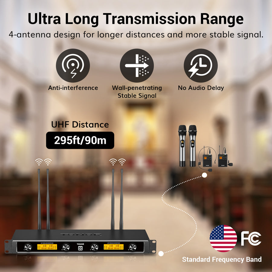 TONOR TW842 UHF Wireless Microphones System with Metal Cordless Handheld/Headset/Lavalier Lapel Mics