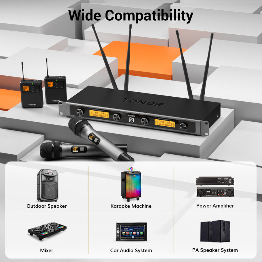 TONOR TW842 UHF Wireless Microphones System with Metal Cordless Handheld/Headset/Lavalier Lapel Mics