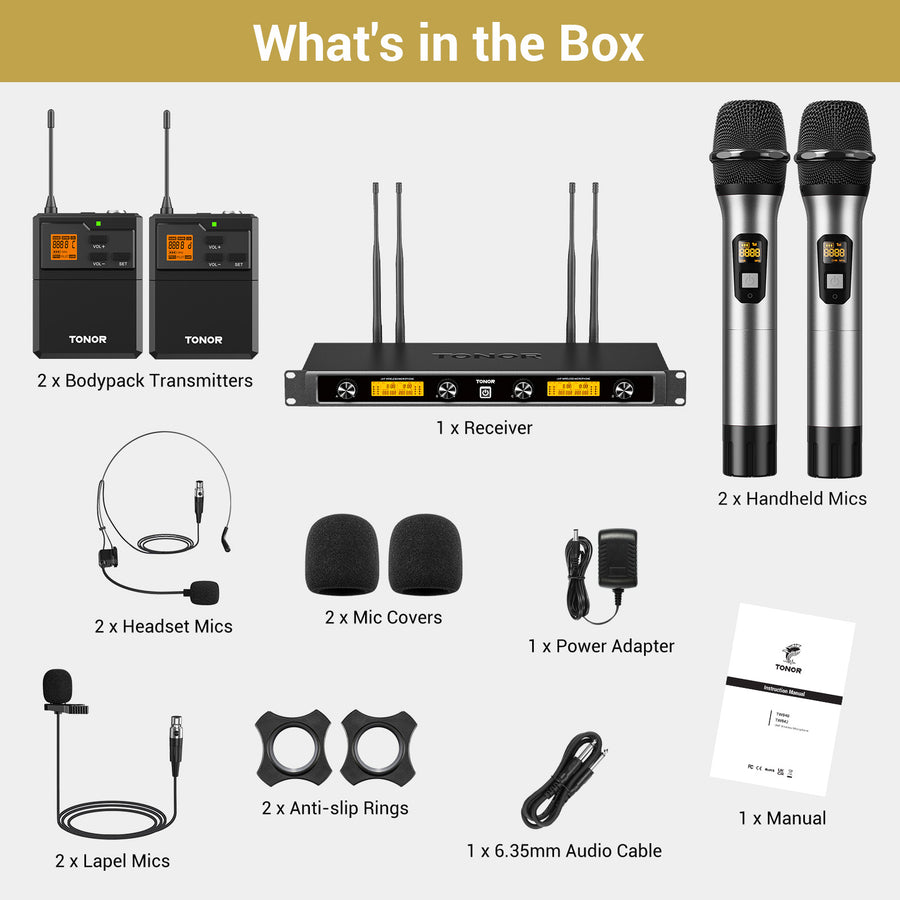 TONOR TW842 UHF Wireless Microphones System with Metal Cordless Handheld/Headset/Lavalier Lapel Mics