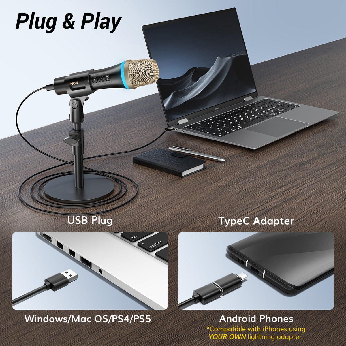 TD310 USB dynamic microphone with RGB, compatible with PC/mobile phone ...