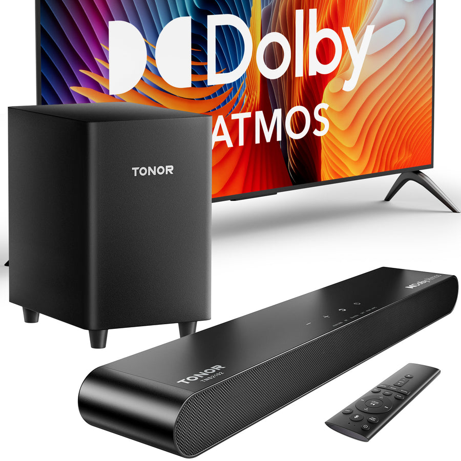 TONOR Smart TV Sound Bar with Dolby Atmos, Works with HDMI eARC/Opt/AUX/USB