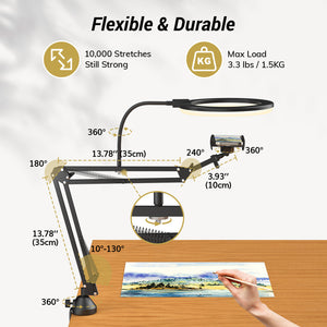 TONOR TRL-20 Pro Overhead Ring Light Kit, 10" Ringlight with Heavy Duty Boom Arm and Phone Holder, Adjustable Angle