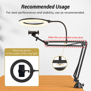 TONOR TRL-20 Pro Overhead Ring Light Kit, 10" Ringlight with Heavy Duty Boom Arm and Phone Holder, Adjustable Angle