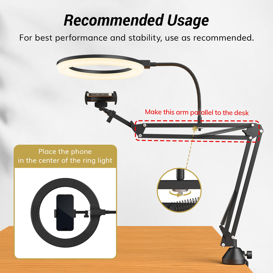 TONOR TRL-20 Pro Overhead Ring Light Kit, 10" Ringlight with Heavy Duty Boom Arm and Phone Holder, Adjustable Angle