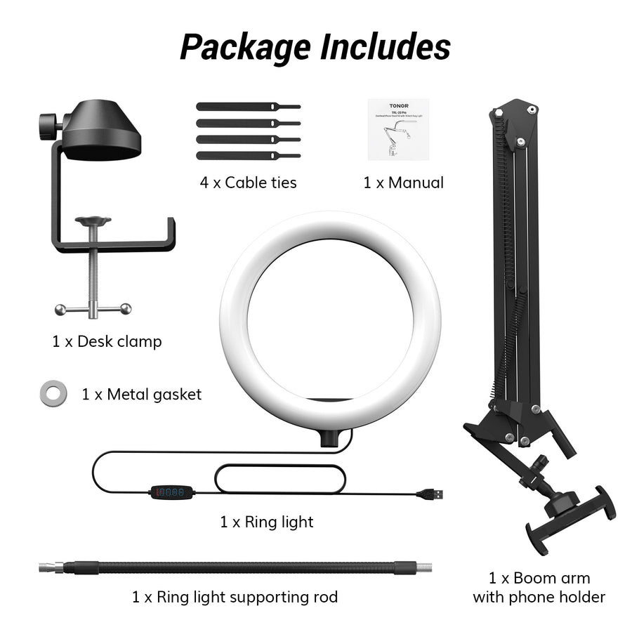 TONOR TRL-20 Pro Overhead Ring Light Kit, 10" Ringlight with Heavy Duty Boom Arm and Phone Holder, Adjustable Angle