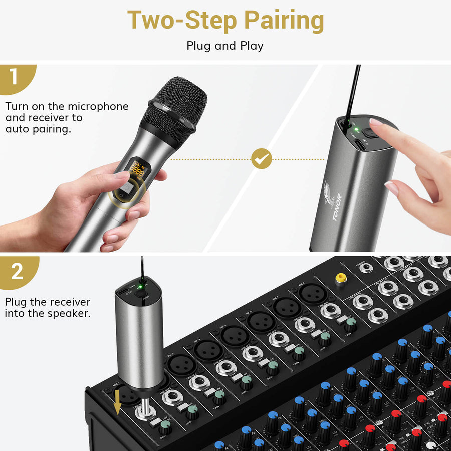 TONOR Wireless Microphone, UHF Dual Cordless Metal Dynamic Mic System with  Receiver (TW-630) 