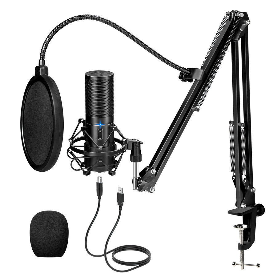 USB Condenser Microphone, Plug & Play Professional Cardioid Studio Mic Kit  Shock Mount,Pop Filter and Adjustable Boom Arm for Recording Gaming